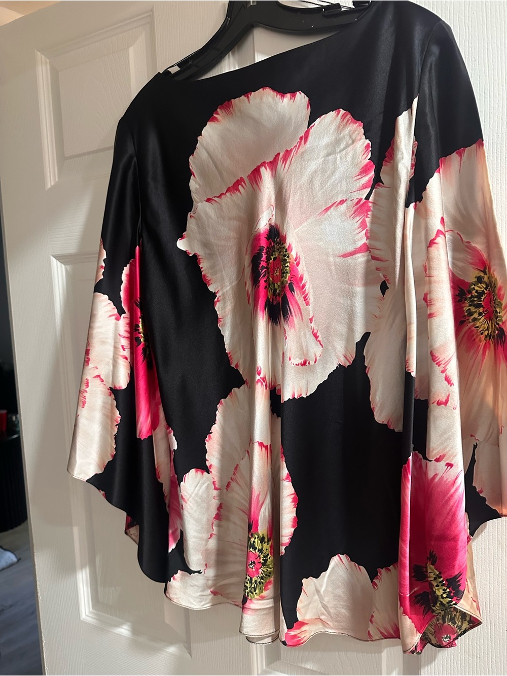 Dana Buchman Black Satin Tunic with Pink & White Floral Print